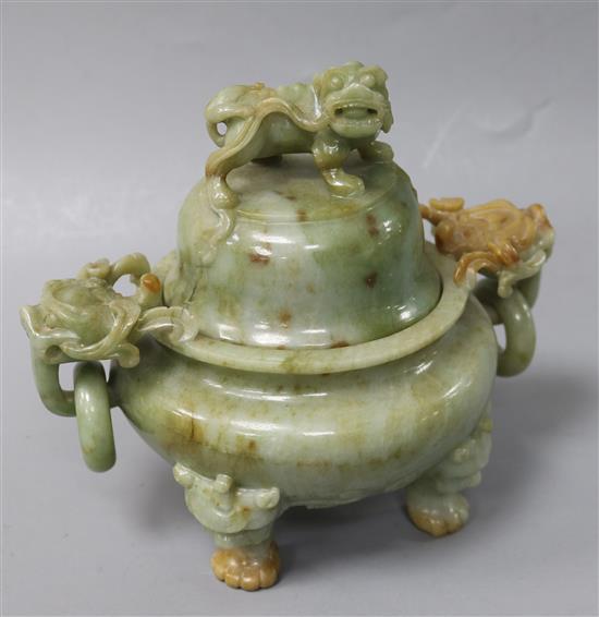 A Chinese jade tripod censer and cover